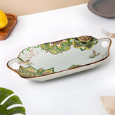 Lemon Tree Green Ceramic Matte Finish Rectangular Platter with Dual Ear Handles – Elegant & Functional Serveware